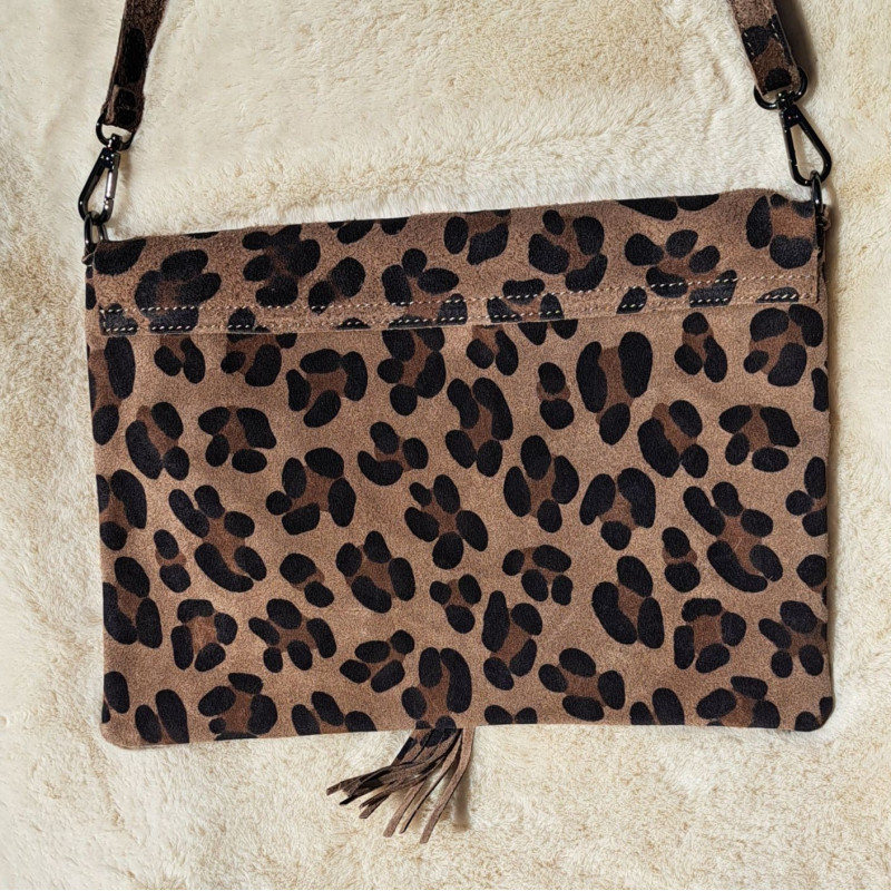 pochette en daim, impression léopard, taupe
