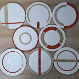 Assiettes à dessert, originales, graphiques, design, rouge et beige