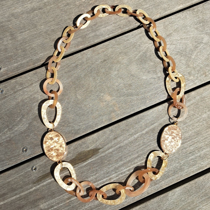 Collier grande maille, brun, noir et doré