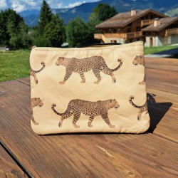 Double pochette en coton beige, motif guépard