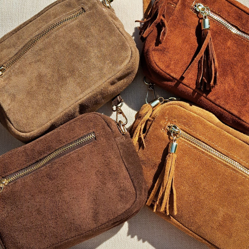 Sac bandoulière pompon en daim, brun