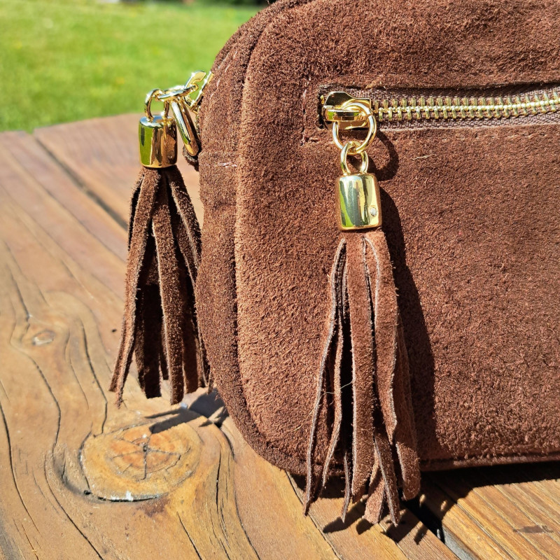 Sac bandoulière pompon en daim, brun