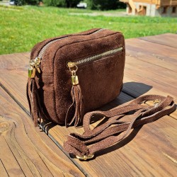 Sac bandoulière pompon en daim, brun