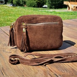 Sac bandoulière pompon en daim, brun