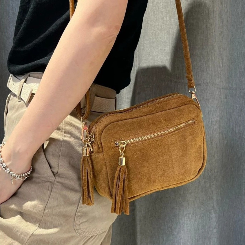 Sac bandoulière pompon en daim, brun
