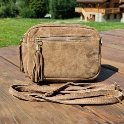 Sac bandoulière pompon en daim, taupe