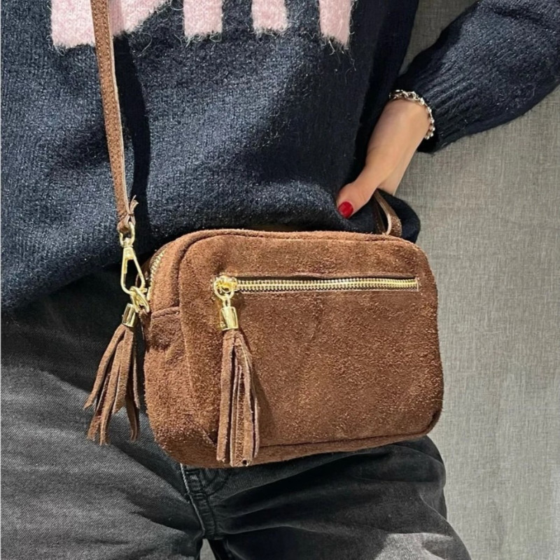 Sac bandoulière pompon en daim, jaune moutarde