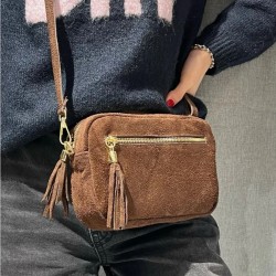 Sac bandoulière pompon en daim, jaune moutarde
