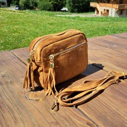 Sac bandoulière pompon en daim, jaune moutarde