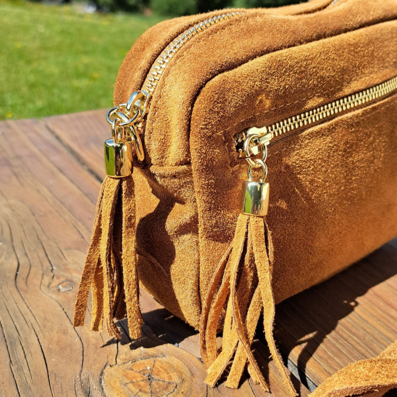 Sac bandoulière pompon en daim, jaune moutarde