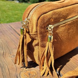 Sac bandoulière pompon en daim, jaune moutarde