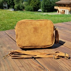 Sac bandoulière pompon en daim, jaune moutarde