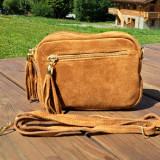 Sac bandoulière pompon en daim, jaune moutarde