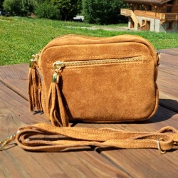Sac bandoulière pompon en daim, jaune moutarde