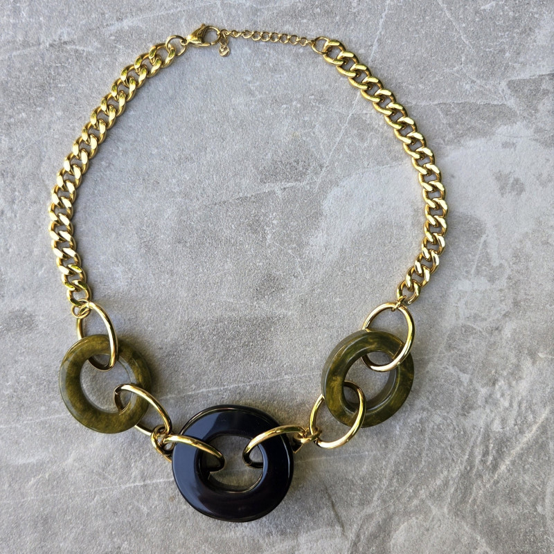 Collier anneaux olive, noir et doré