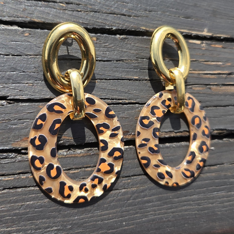 Boucles d'oreilles pendentif léopard ovale, fond marron