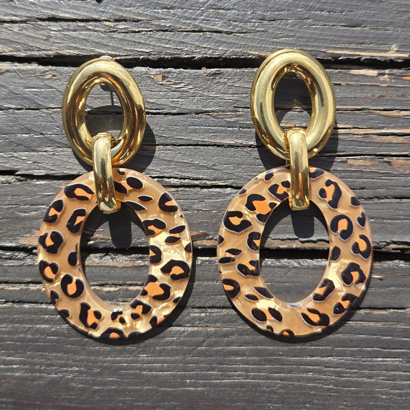 Boucles d'oreilles pendentif léopard ovale, fond marron