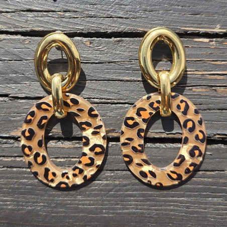 Boucles d'oreilles pendentif léopard ovale, fond marron