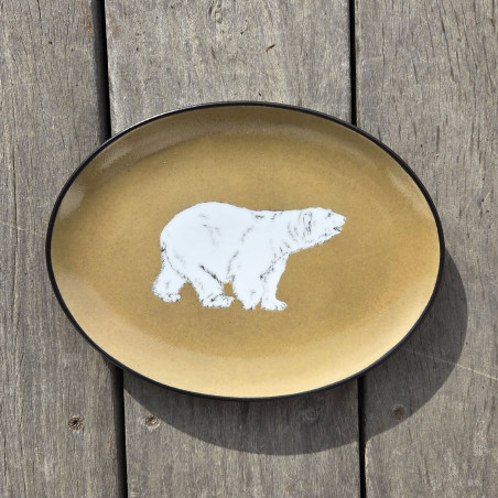 Petit plat ovale ours blanc, beige moutarde
