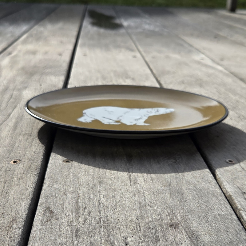 Petit plat ovale ours blanc, beige moutarde