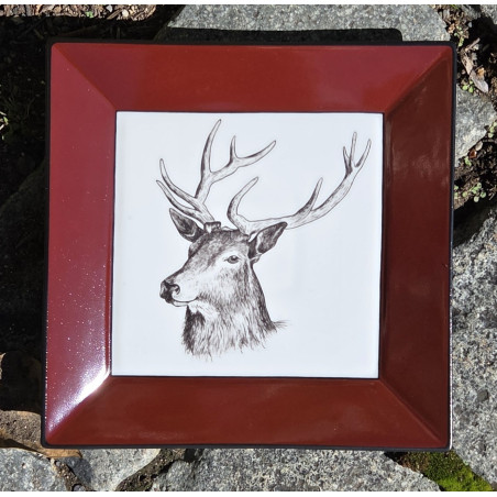 Vide-poches en porcelaine, décor cerf, rouge bordeaux et noir