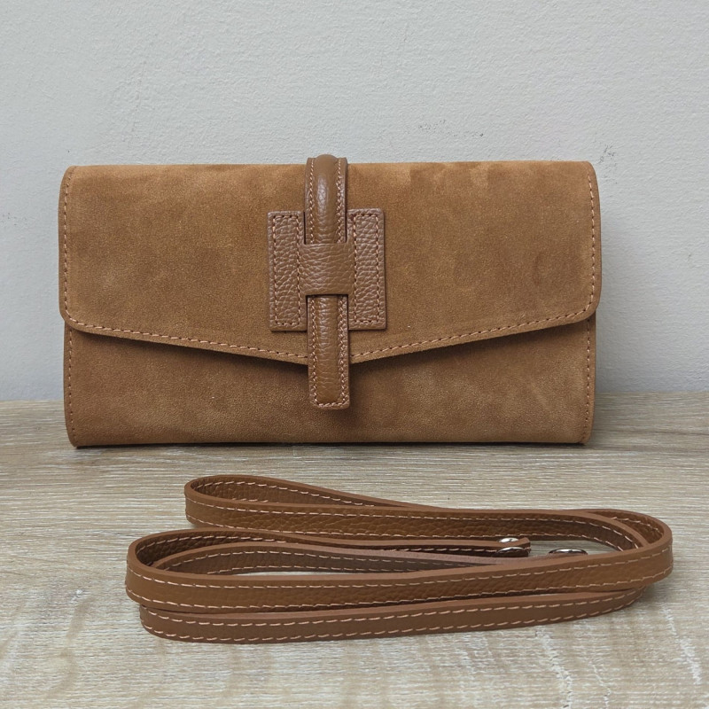 Sac/Pochette en daim et cuir, caramel