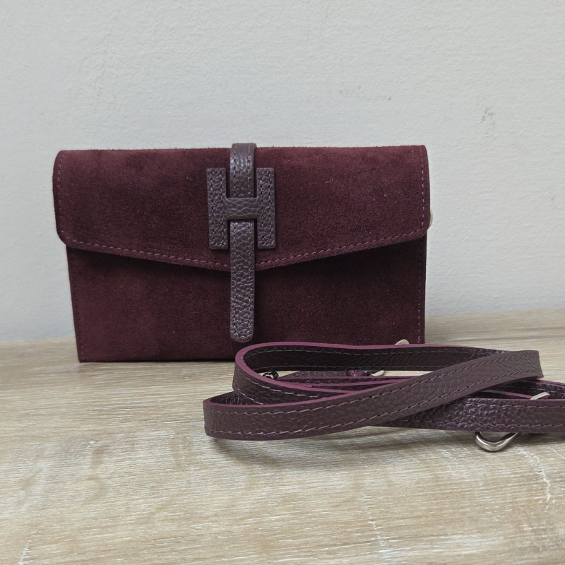 Mini Sac/Pochette en daim et cuir, bordeaux