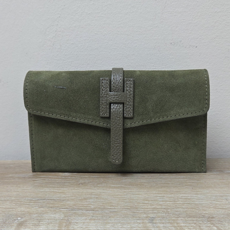 Mini Sac/Pochette en daim et cuir, vert kaki