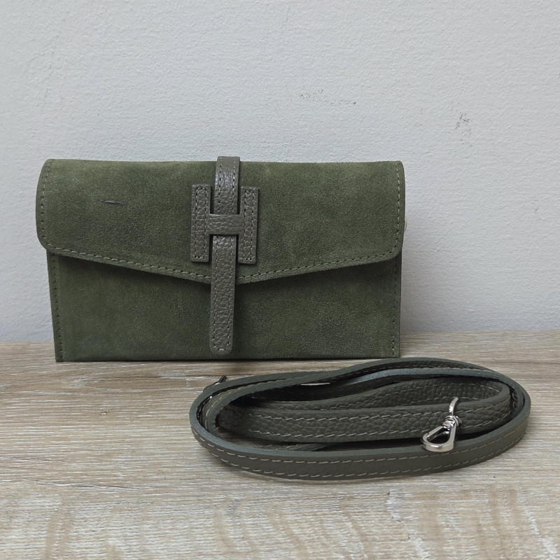 Mini Sac/Pochette en daim et cuir, vert kaki