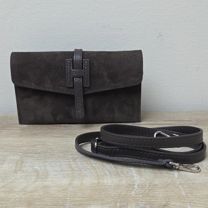 Mini Sac/Pochette en daim et cuir, brun