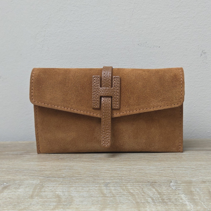 Mini Sac/Pochette en daim et cuir, caramel