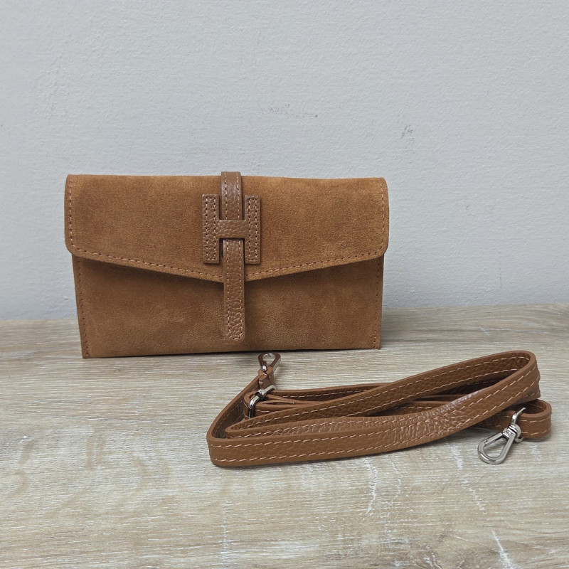 Mini Sac/Pochette en daim et cuir, caramel