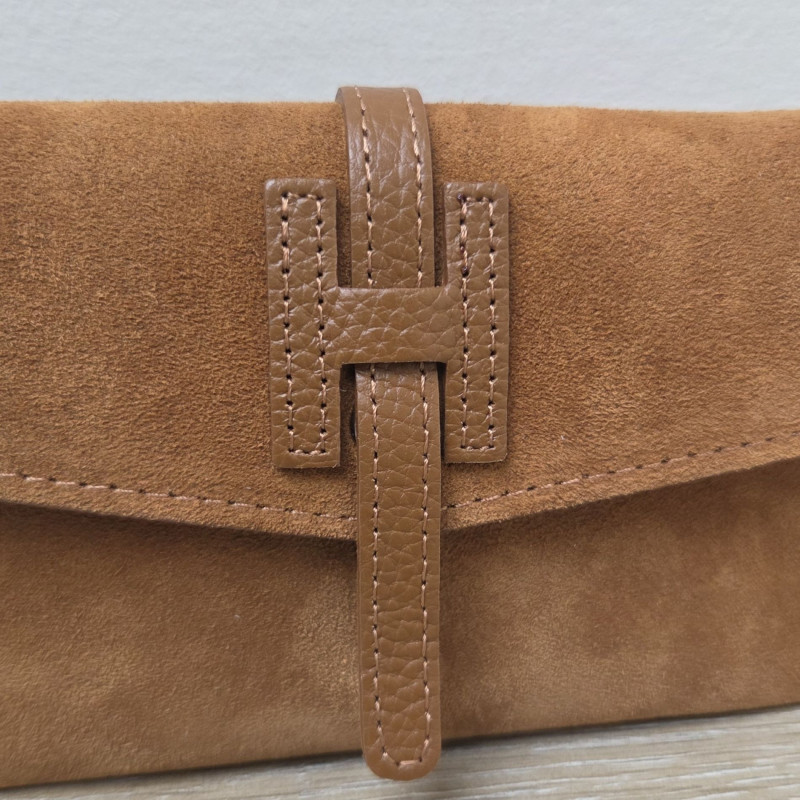 Mini Sac/Pochette en daim et cuir, caramel