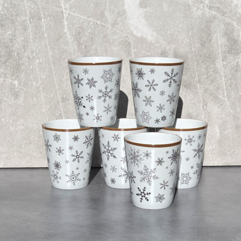 Verres tasses, café, décor flocons, brun