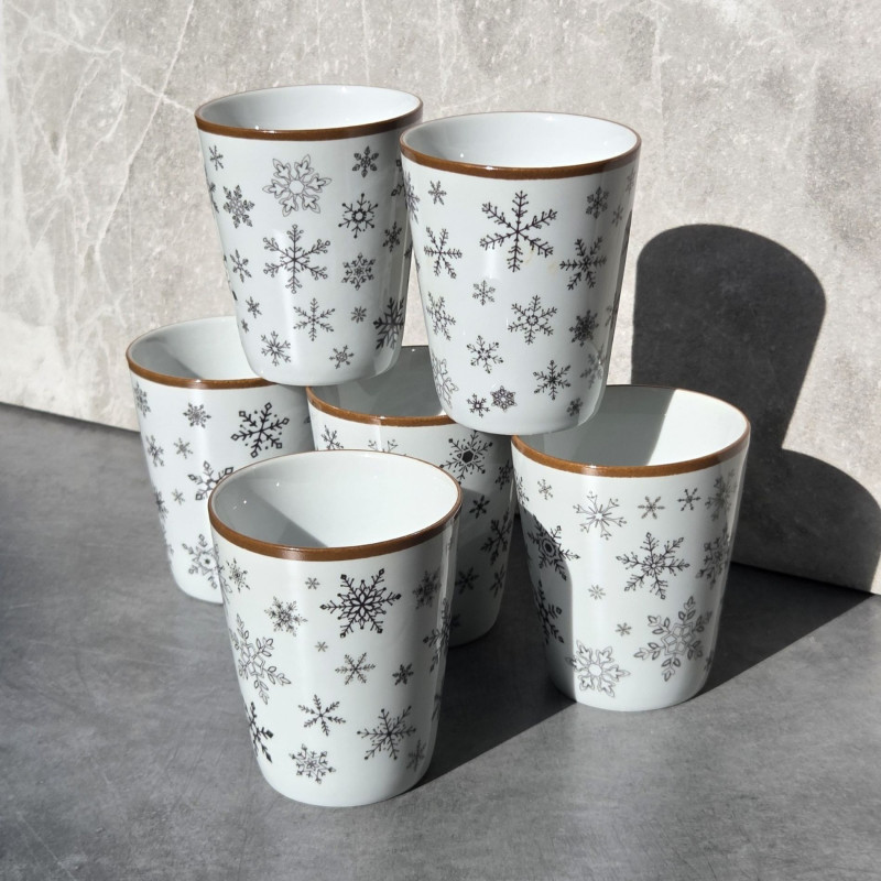 Verres tasses, café, décor flocons, brun