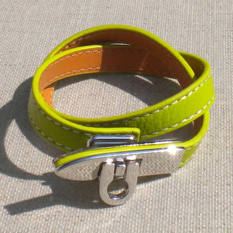 Bracelet cuir double tour vert tilleul