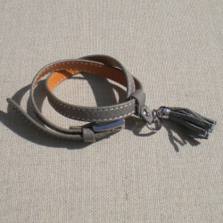 Bracelet cuir pompon gris