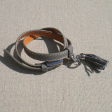 Bracelet cuir pompon gris