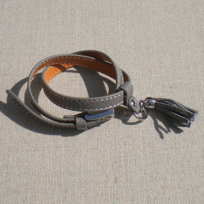 Bracelet cuir pompon gris