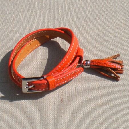 Bracelet cuir pompon orange